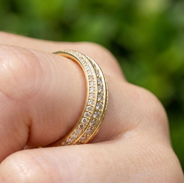 6mm Wide Gold Pave Band, Triple Row Micro Pave Ring, Chunky Labgrown Diamond Wedding Band, Heavy Gold Statement Ring, Gold Multi Row Ring