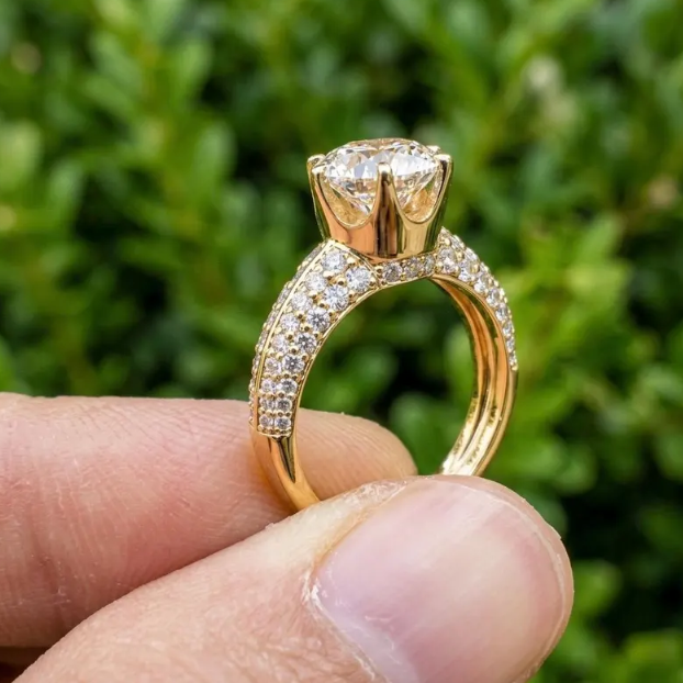 2CT E VVS2/VS1 Round Lab Grown Diamond Engagement Ring | IGI Certified Gold Pave Band | Hidden Halo Diamond Ring | Bridal Ring