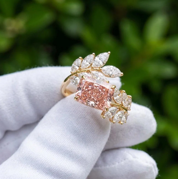 2 CT Radiant Cut Pink Lab Grown Diamond Engagement Ring | IGI Certified | Marquise Leaf Branch Ring | Nature Inspired Toi Et Moi Bypass Ring