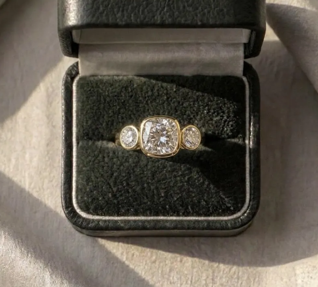 3CTW Carat Cushion Cut E VVS2/VS1 Lab Grown Diamond 3 Stone Ring | IGI Certified 2.00 Center | Bezel Set Engagement Ring | Gold Bridal Ring