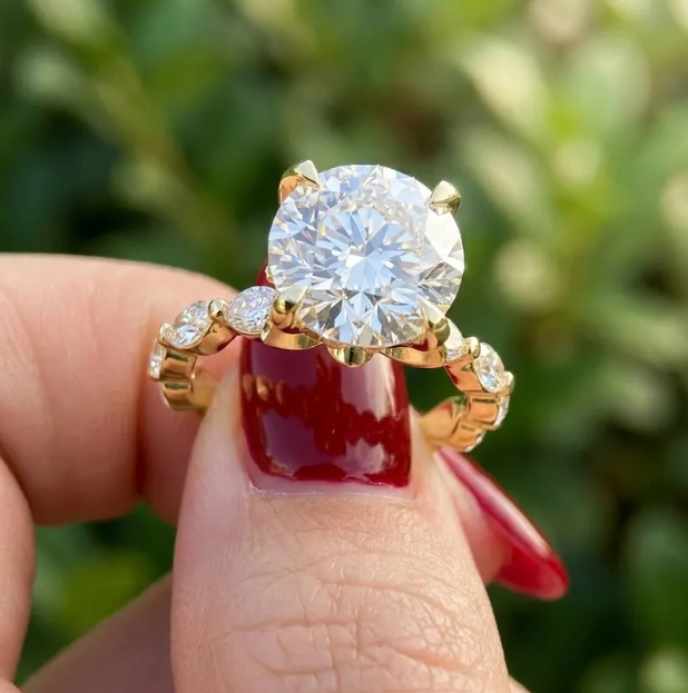 3CT 4CT 5CT Round E VVS2/VS1 Lab Grown Diamond Engagement Ring | IGI Certified Solitaire Ring | Marquise Side Diamond Band | Promise Ring