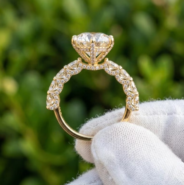 3.00 CT Round Brilliant Cut E VVS2/VS1 Lab Grown Diamond Ring, IGI Certified, Gold Hidden Halo Engagement Ring, Round Pave Anniversary Ring