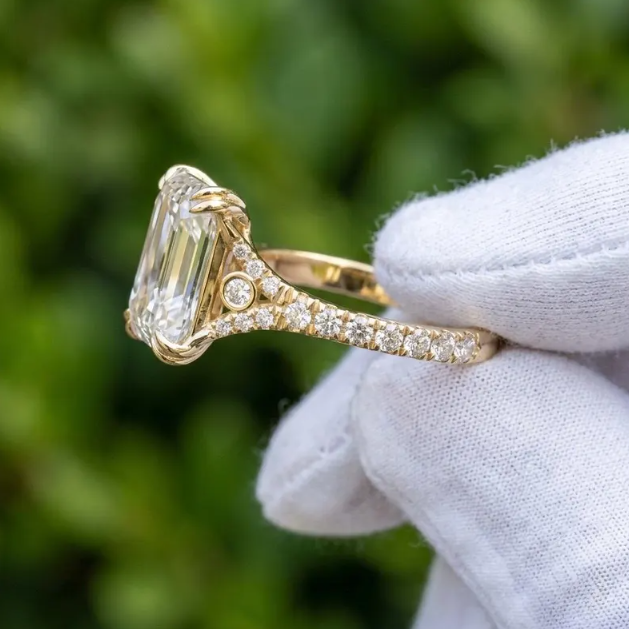 E VVS2/VS1 IGI Certified Emerald Cut LabGrown Diamond Engagement Ring | 1CT to 4CT Emerald Diamond Ring | Vintage Inspired Pave Diamond Ring