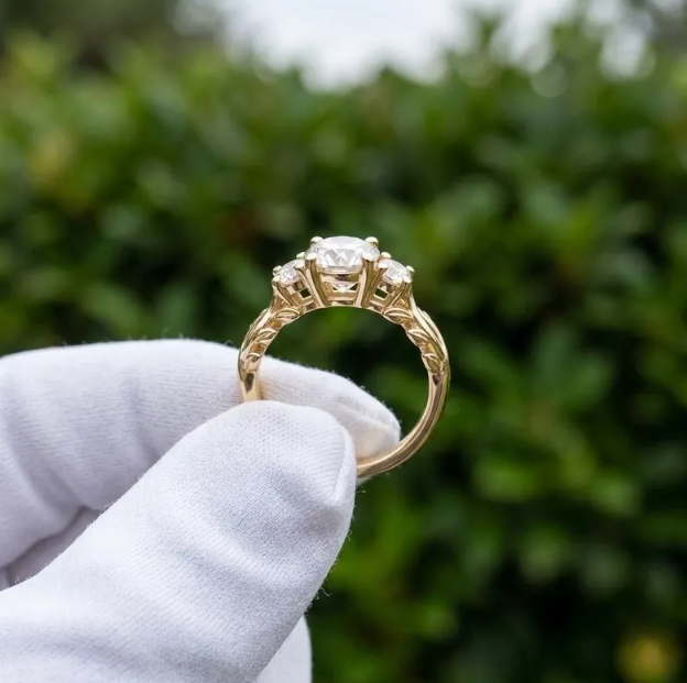 2.30 TCW Round Brilliant Lab Grown Diamond Ring, Three Stone Yellow Gold Engagement Ring, Vintage Ornate Filigree Band, Trilogy Diamond Ring