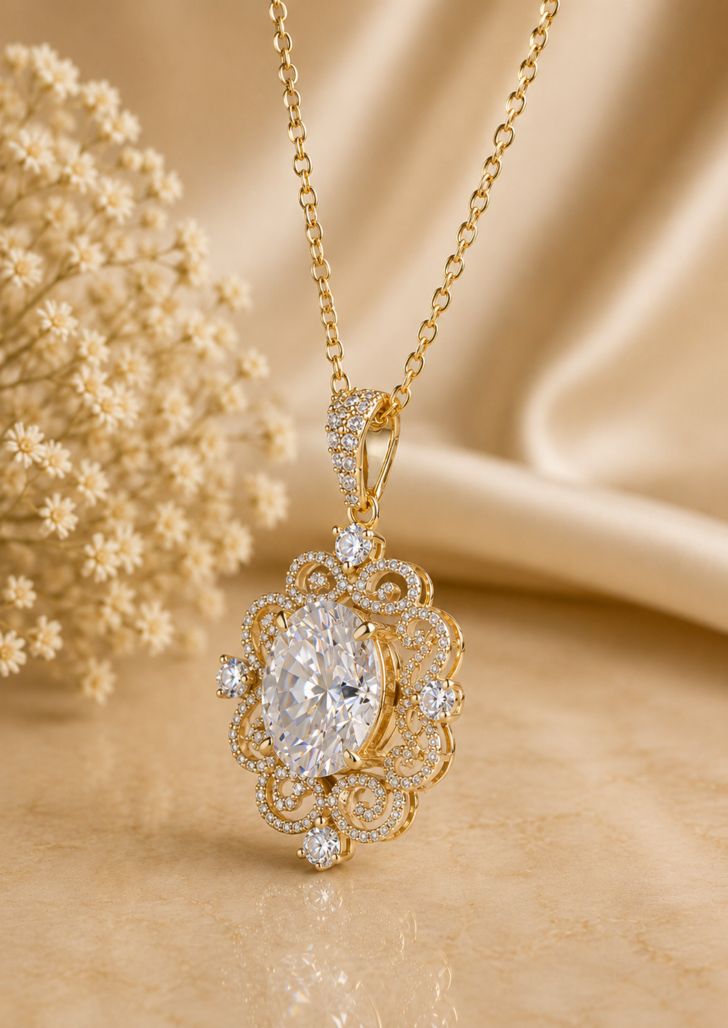 Oval Cut Diamond Halo Pendant Necklace, Vintage Inspired 18K Gold Chain