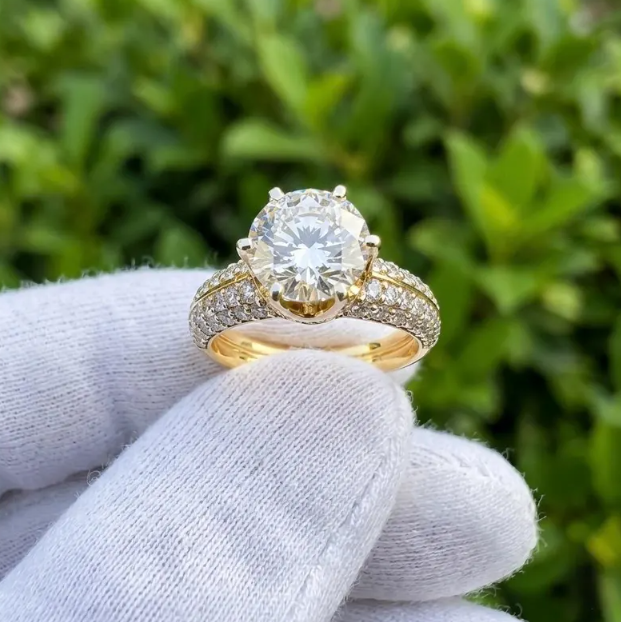 2CT E VVS2/VS1 Round Lab Grown Diamond Engagement Ring | IGI Certified Gold Pave Band | Hidden Halo Diamond Ring | Bridal Ring