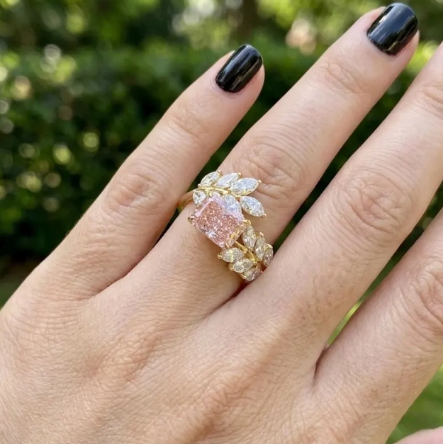 2 CT Radiant Cut Pink Lab Grown Diamond Engagement Ring | IGI Certified | Marquise Leaf Branch Ring | Nature Inspired Toi Et Moi Bypass Ring