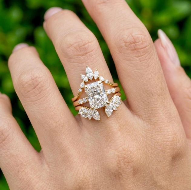 3 Ring Radiant Cut E VVS2/VS1 LabGrown Diamond Bridal Set | IGI Certified 3CT Radiant Engagement Ring Set | Crown Marquise Wedding Band