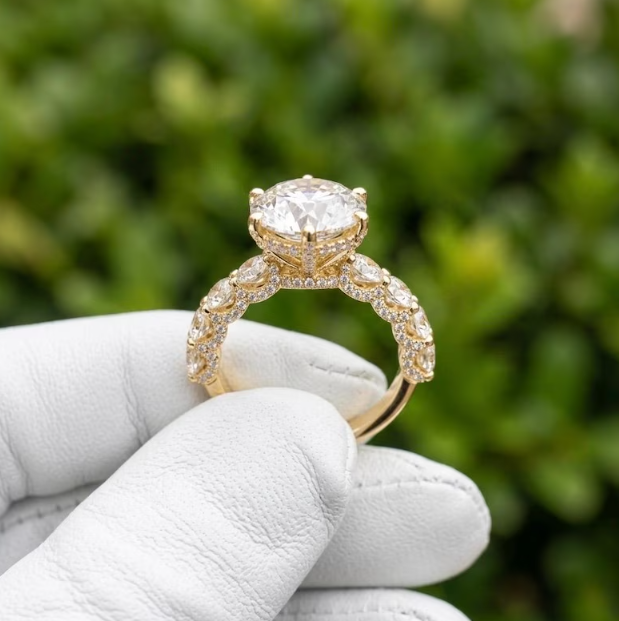 3.00 CT Round Brilliant Cut E VVS2/VS1 Lab Grown Diamond Ring, IGI Certified, Gold Hidden Halo Engagement Ring, Round Pave Anniversary Ring