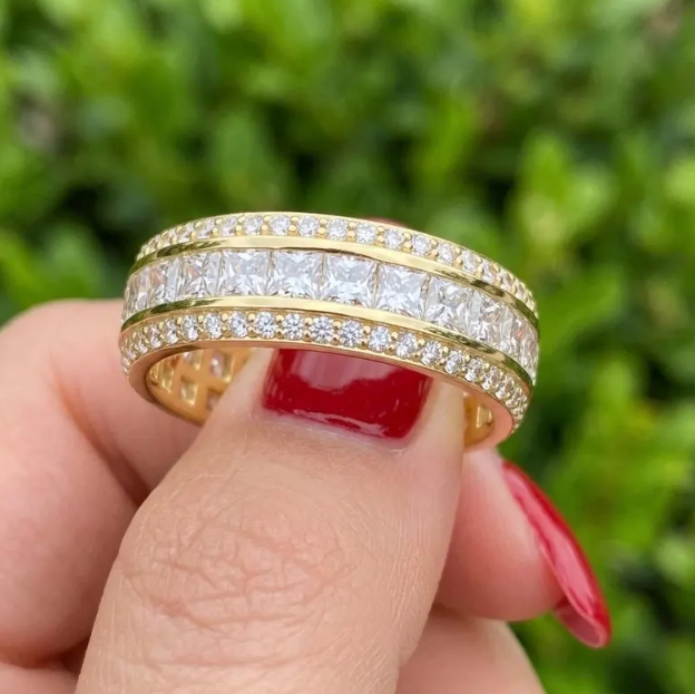Luxury 7MM width Princess Cut Lab Grown Diamond Eternity Band, 3/4 Triple Row Diamond Wedding Ring, Channel Set Gold Anniversary Band