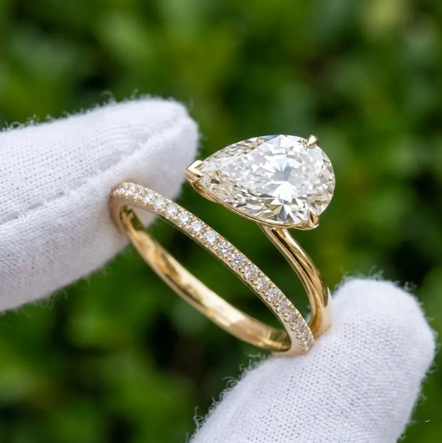 2-3 CT IGI Certified E VVS2/VS1 Pear Shape Lab Grown Diamond Engagement Ring | Bypass Pavé Band | 10k 14k 18k Gold or Platinum or silver