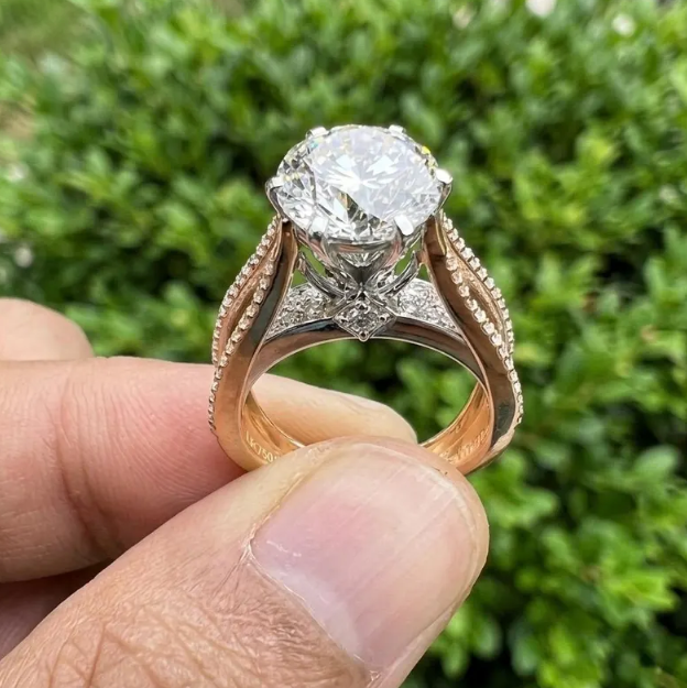 3CT Round E VVS2/VS1 Lab Grown Diamond Engagement Ring, 14K Two Tone Gold Triple Row Split Shank Ring, IGI Certified Diamond Ring