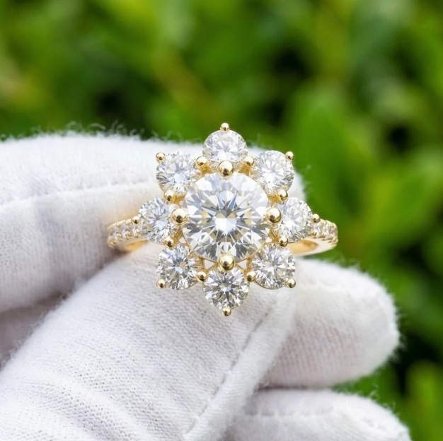 3 CTW Round E VVS2/VS1 Lab Grown Diamond Floral Halo Ring, IGI Certified Diamond Engagement Ring, Flower Cluster Ring, Vintage Bridal Ring