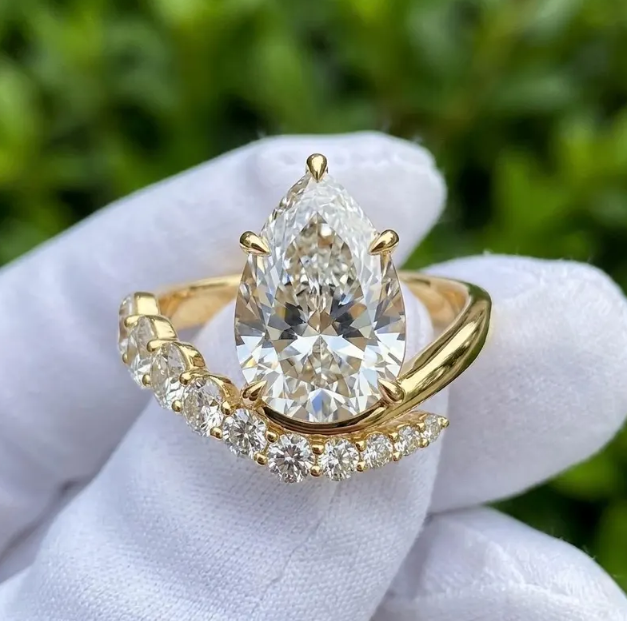 3.00CT Pear Cut E VVS2/VS1 IGI Certified LabGrown Diamond Engagement Ring Set, Bezel Set Pear Shaped Solitaire with Curved Oval Wedding Band