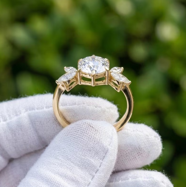 E VVS2/VS1 IGI Certified 2CT to 5CT Round Cut Lab Grown Diamond Engagement Ring | 6 Marquise Side Stones | Floral Leaf Inspired Bridal Ring