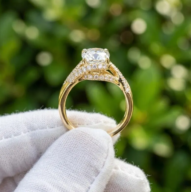 1–5 CT IGI Certified E-VVS2 Round LabGrown Diamond Ring | 14k Gold Round Cut Halo Twisted Band Engagement Ring | Unique Infinity Style Ring