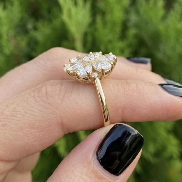 3 TCW Lab Grown Diamond Flower Engagement Ring E VVS2/VS1 - Unique Pear Cut Diamond Petal Ring - Vintage Inspired Cluster Ring