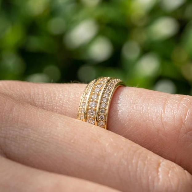 6mm Wide Gold Pave Band, Triple Row Micro Pave Ring, Chunky Labgrown Diamond Wedding Band, Heavy Gold Statement Ring, Gold Multi Row Ring