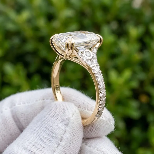 E VVS2/VS1 IGI Certified Emerald Cut LabGrown Diamond Engagement Ring | 1CT to 4CT Emerald Diamond Ring | Vintage Inspired Pave Diamond Ring