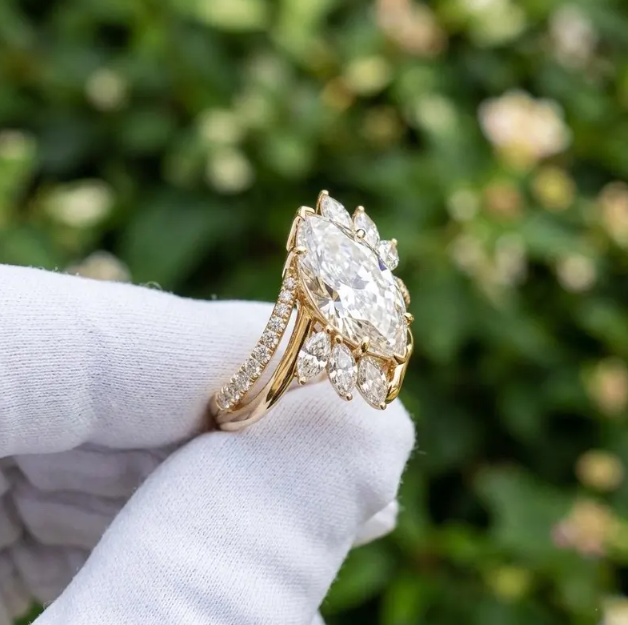3CT Marquise Cut E VVS2/VS1 Lab Grown Diamond Engagement Ring Set, Asymmetrical Cluster Wedding Band, Gold Unique Bridal Set, IGI Certified