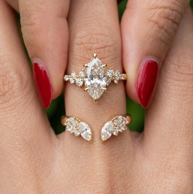 3 Ring E VVS2/VS1 Marquise Diamond Bridal Set | 2CT-3CT-4CT IGI Certified Marquise Lab Grown Diamond Ring Set | Matching Wedding Band Set