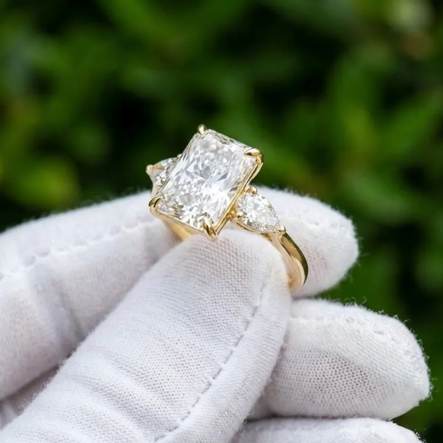 3 CT Radiant Cut E VVS2/VS1 Lab Grown Diamond Engagement Ring, IGI Certified Radiant Diamond Ring, Pear Side Stone Ring, Three Stone Ring