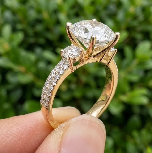3 CT IGI Certified E VVS2/VS1 Round Cut Lab Grown Diamond Engagement Ring, 3.70 CTW Labgrown Diamond Three Stone Ring