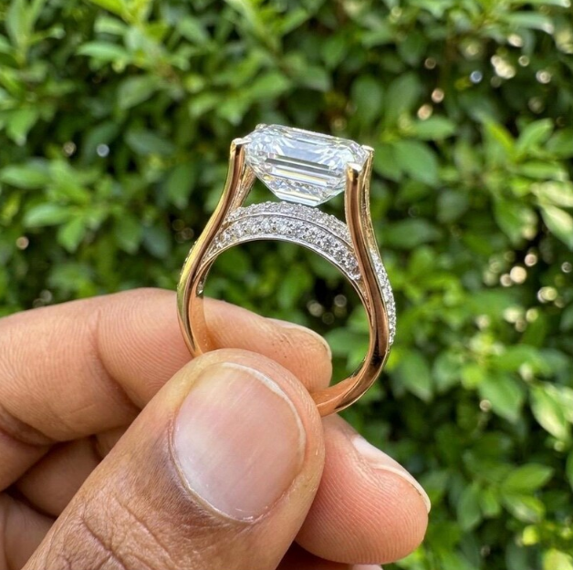 Emerald Cut E VVS2/VS1 Lab Grown Diamond Engagement Ring, 2ct - 4ct IGI Certified Lab Diamond, Floating Solitaire Pave Band