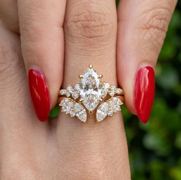 3 Ring E VVS2/VS1 Marquise Diamond Bridal Set | 2CT-3CT-4CT IGI Certified Marquise Lab Grown Diamond Ring Set | Matching Wedding Band Set
