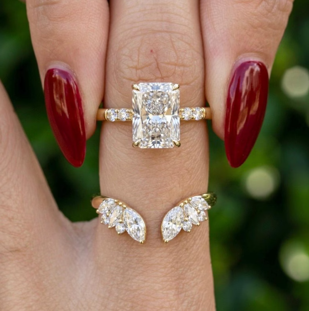 3 Ring Radiant Cut E VVS2/VS1 LabGrown Diamond Bridal Set | IGI Certified 3CT Radiant Engagement Ring Set | Crown Marquise Wedding Band