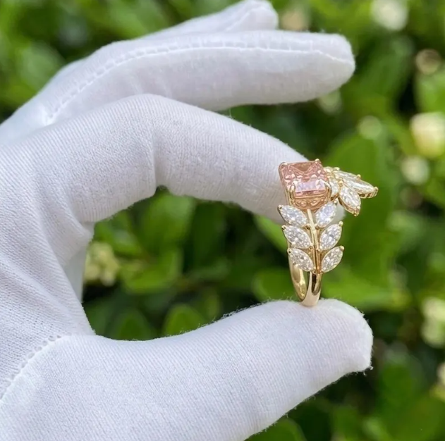 2 CT Radiant Cut Pink Lab Grown Diamond Engagement Ring | IGI Certified | Marquise Leaf Branch Ring | Nature Inspired Toi Et Moi Bypass Ring