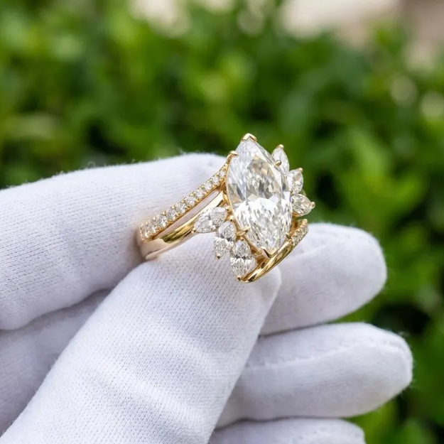 3CT Marquise Cut E VVS2/VS1 Lab Grown Diamond Engagement Ring Set, Asymmetrical Cluster Wedding Band, Gold Unique Bridal Set, IGI Certified