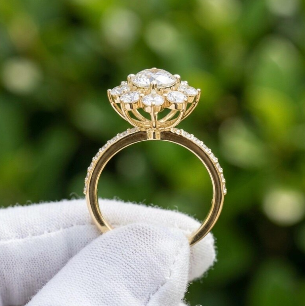 3 CTW Round E VVS2/VS1 Lab Grown Diamond Floral Halo Ring, IGI Certified Diamond Engagement Ring, Flower Cluster Ring, Vintage Bridal Ring