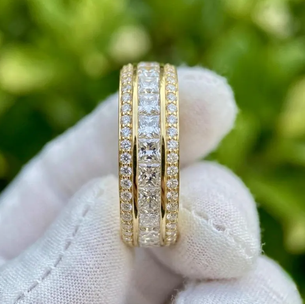 Luxury 7MM width Princess Cut Lab Grown Diamond Eternity Band, 3/4 Triple Row Diamond Wedding Ring, Channel Set Gold Anniversary Band