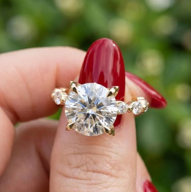 3CT 4CT 5CT Round E VVS2/VS1 Lab Grown Diamond Engagement Ring | IGI Certified Solitaire Ring | Marquise Side Diamond Band | Promise Ring