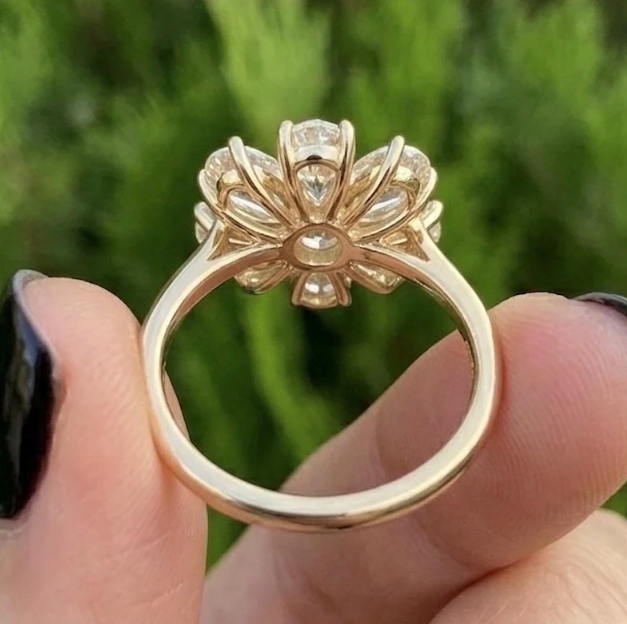 3 TCW Lab Grown Diamond Flower Engagement Ring E VVS2/VS1 - Unique Pear Cut Diamond Petal Ring - Vintage Inspired Cluster Ring