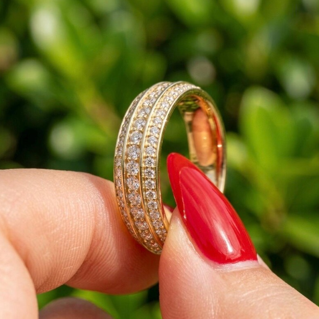 6mm Wide Gold Pave Band, Triple Row Micro Pave Ring, Chunky Labgrown Diamond Wedding Band, Heavy Gold Statement Ring, Gold Multi Row Ring