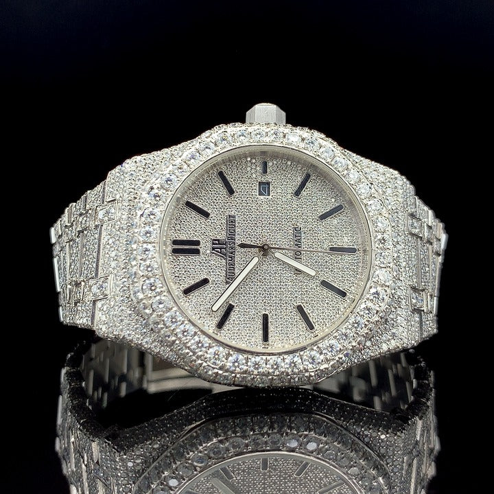 VVS Moissanite Iced Out Watch with Black Silicone Band