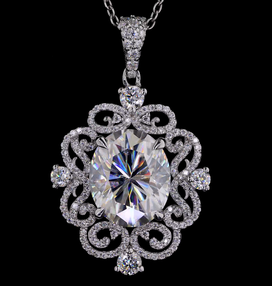 Oval Cut Diamond Halo Pendant Necklace, Vintage Inspired 18K Gold Chain