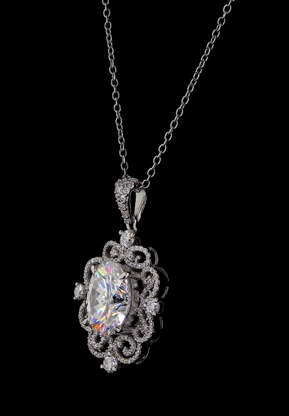 Oval Cut Diamond Halo Pendant Necklace, Vintage Inspired 18K Gold Chain