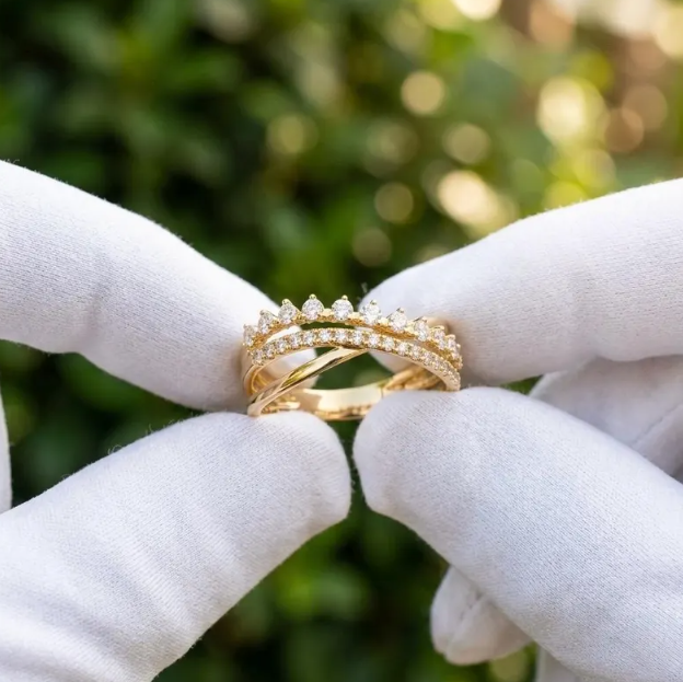 E VVS2 Labgrown Round Diamond Stackable Ring Set, 14K Yellow Gold Pave Diamond Bands, Minimalist Wedding Ring, Fine Jewelry Gift