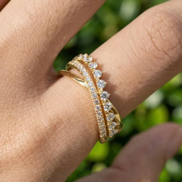 E VVS2 Labgrown Round Diamond Stackable Ring Set, 14K Yellow Gold Pave Diamond Bands, Minimalist Wedding Ring, Fine Jewelry Gift