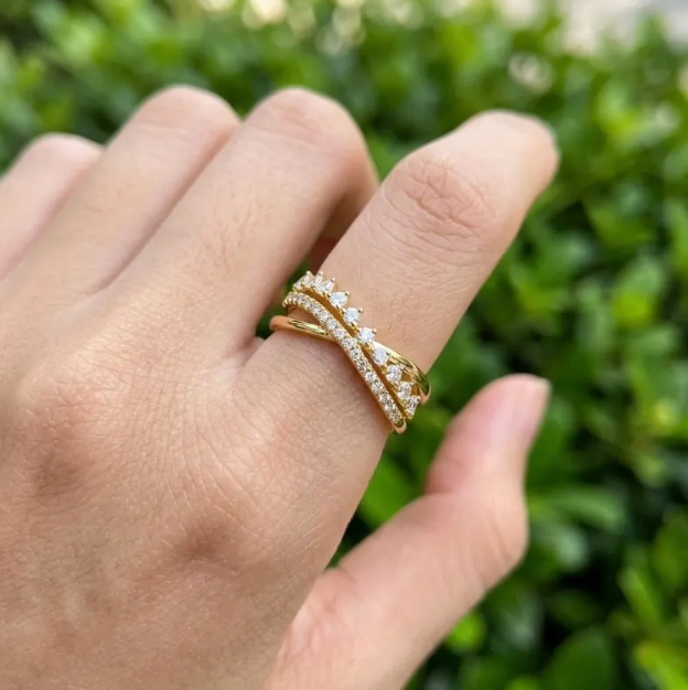 E VVS2 Labgrown Round Diamond Stackable Ring Set, 14K Yellow Gold Pave Diamond Bands, Minimalist Wedding Ring, Fine Jewelry Gift