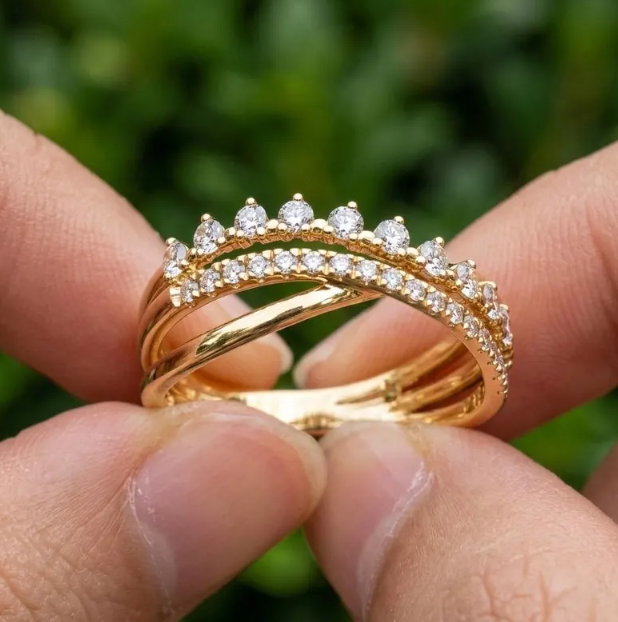 E VVS2 Labgrown Round Diamond Stackable Ring Set, 14K Yellow Gold Pave Diamond Bands, Minimalist Wedding Ring, Fine Jewelry Gift