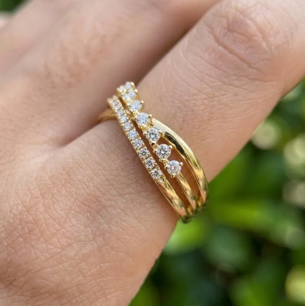 E VVS2 Labgrown Round Diamond Stackable Ring Set, 14K Yellow Gold Pave Diamond Bands, Minimalist Wedding Ring, Fine Jewelry Gift