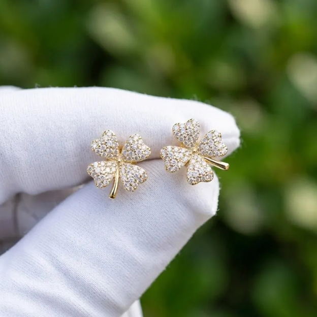 0.50 CTW Real Natural Diamond Four Leaf Clover Earrings, Gold Clover Diamond Stud Earrings, Lucky Charm Jewelry, Pave Diamond Floral Studs
