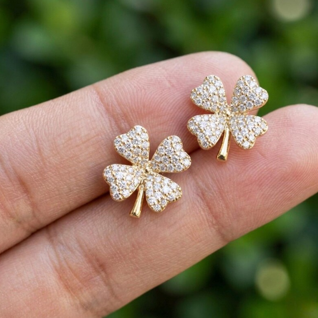 0.50 CTW Real Natural Diamond Four Leaf Clover Earrings, Gold Clover Diamond Stud Earrings, Lucky Charm Jewelry, Pave Diamond Floral Studs