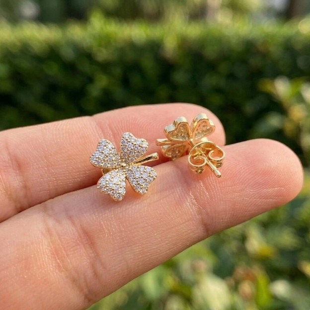0.50 CTW Real Natural Diamond Four Leaf Clover Earrings, Gold Clover Diamond Stud Earrings, Lucky Charm Jewelry, Pave Diamond Floral Studs
