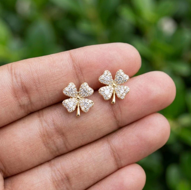 0.50 CTW Real Natural Diamond Four Leaf Clover Earrings, Gold Clover Diamond Stud Earrings, Lucky Charm Jewelry, Pave Diamond Floral Studs