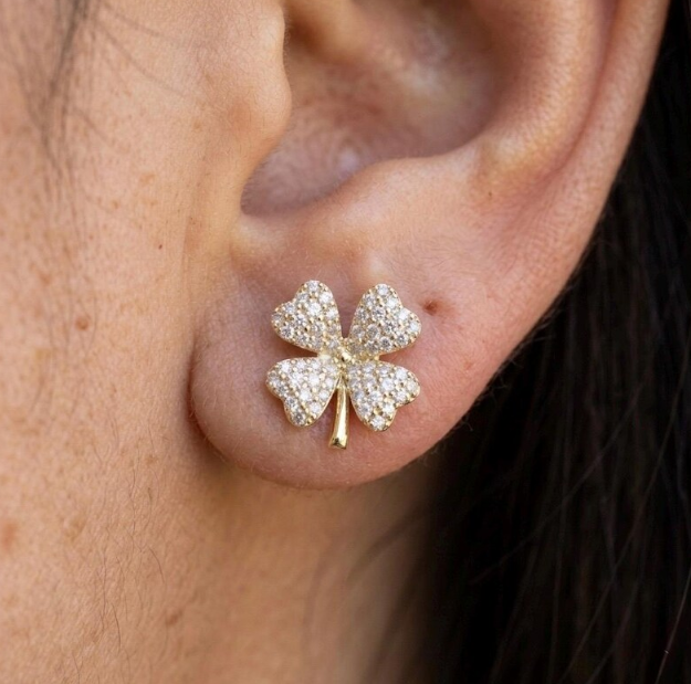 0.50 CTW Real Natural Diamond Four Leaf Clover Earrings, Gold Clover Diamond Stud Earrings, Lucky Charm Jewelry, Pave Diamond Floral Studs
